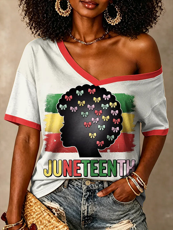 Women's Juneteenth Black Pride Red Trim Bow Afro Print Casual V Neck T-Shirt