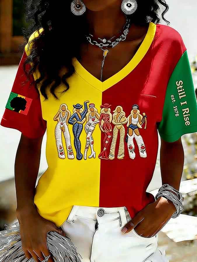 Women's Feminist Slogan Juneteenth Print V-Neck Top