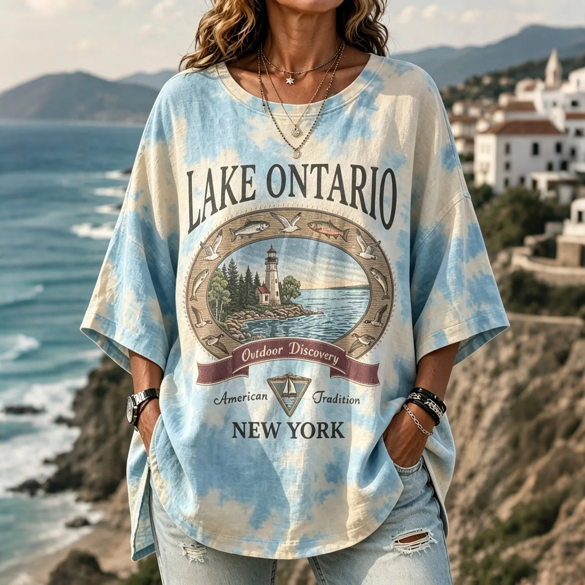 Women's Retro Lake Ontario Landscape Tie-dye Print Crew Neck T-shirt