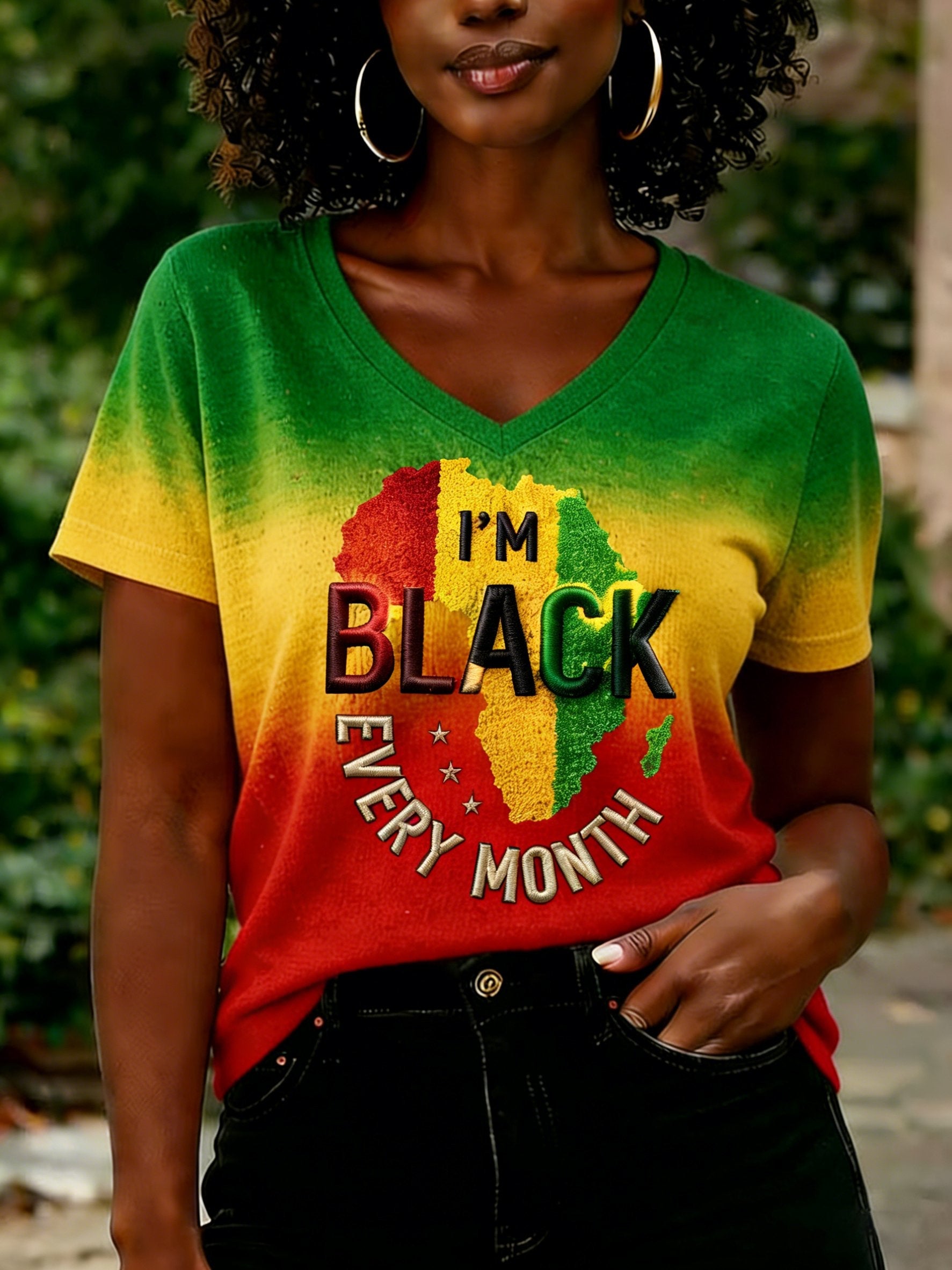 Women's Black Casual June Festival Print Short-Sleeve V-Neck T-Shirt