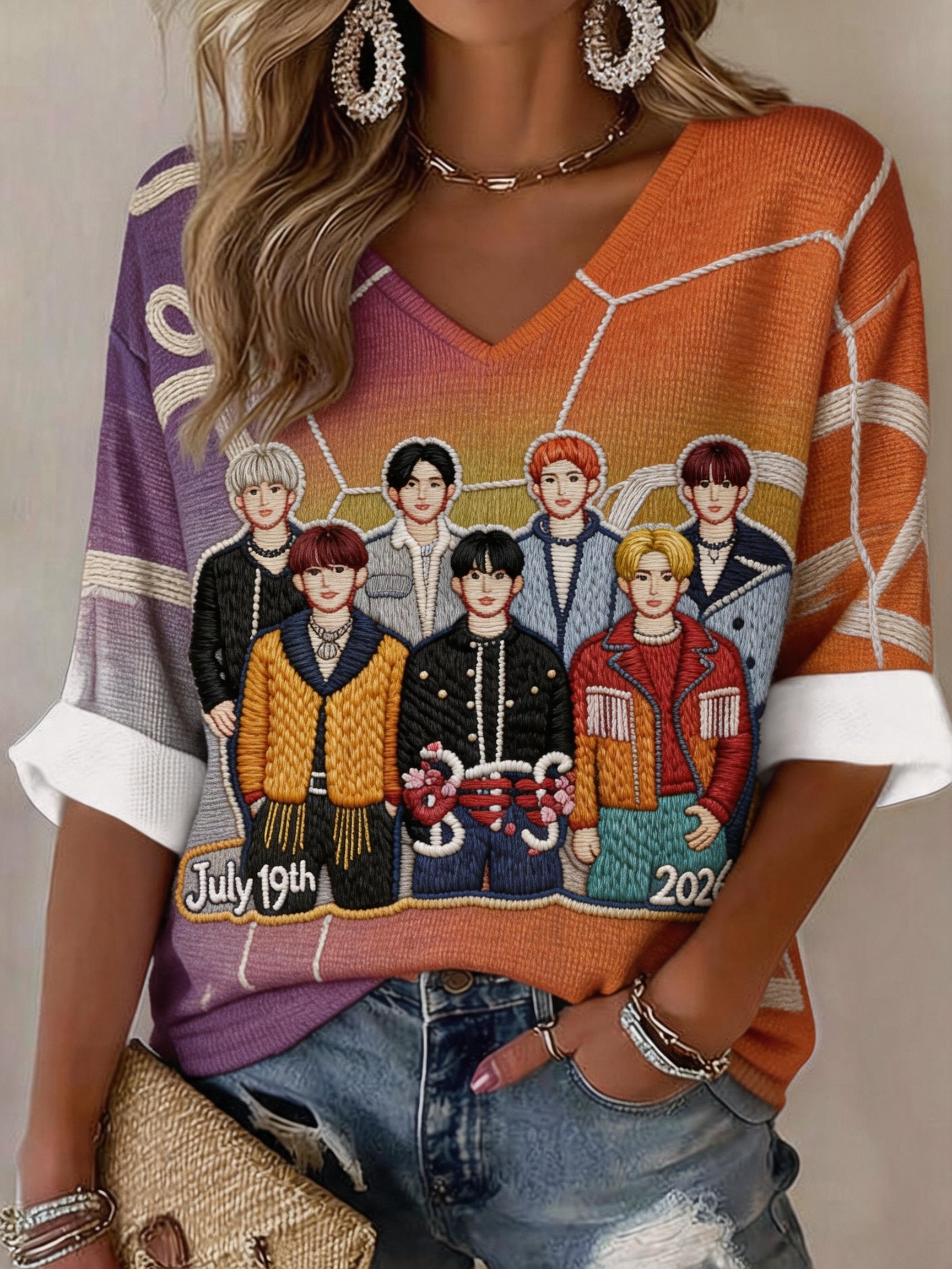 Women's Art Print V-Neck Top