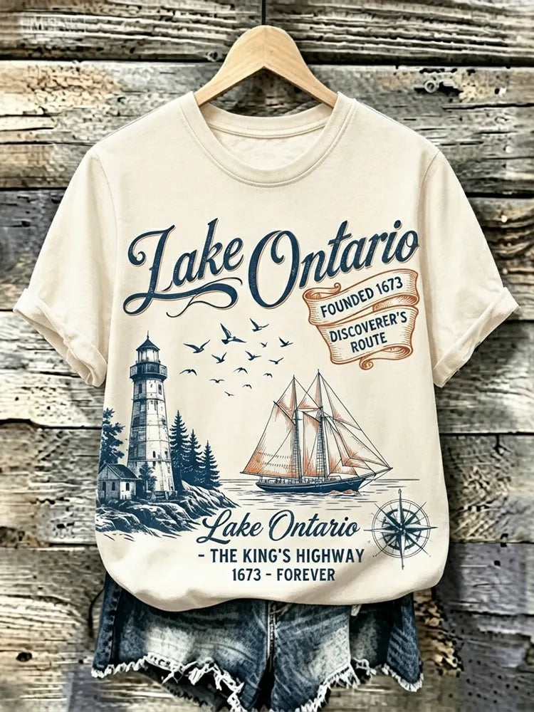 Women's Retro Cream T-shirt - Lake Ontario Sailing & Lighthouse