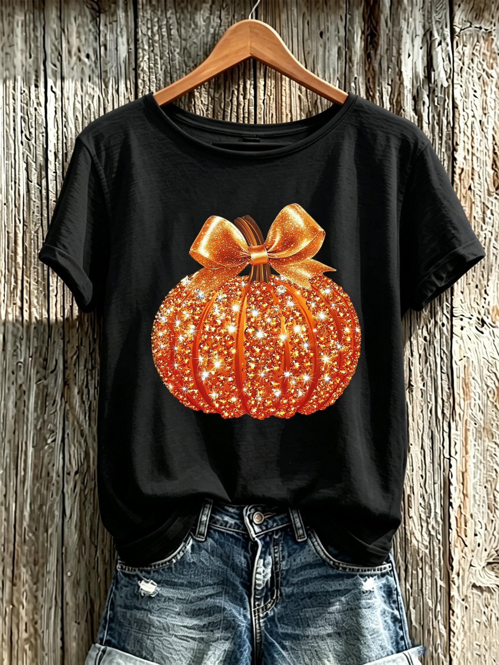 Women'S Autumn Pumpkin Art Printed Short Sleeved T-Shirt