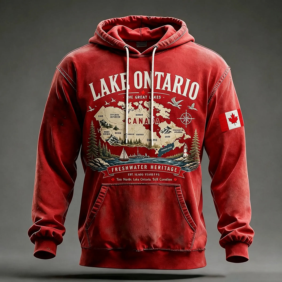 Men's Retro Canada Lake Ontario Printed Hoodie