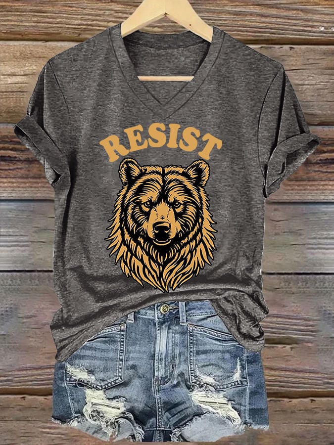 Women's Resist Bear Printed V Neck T-shirt