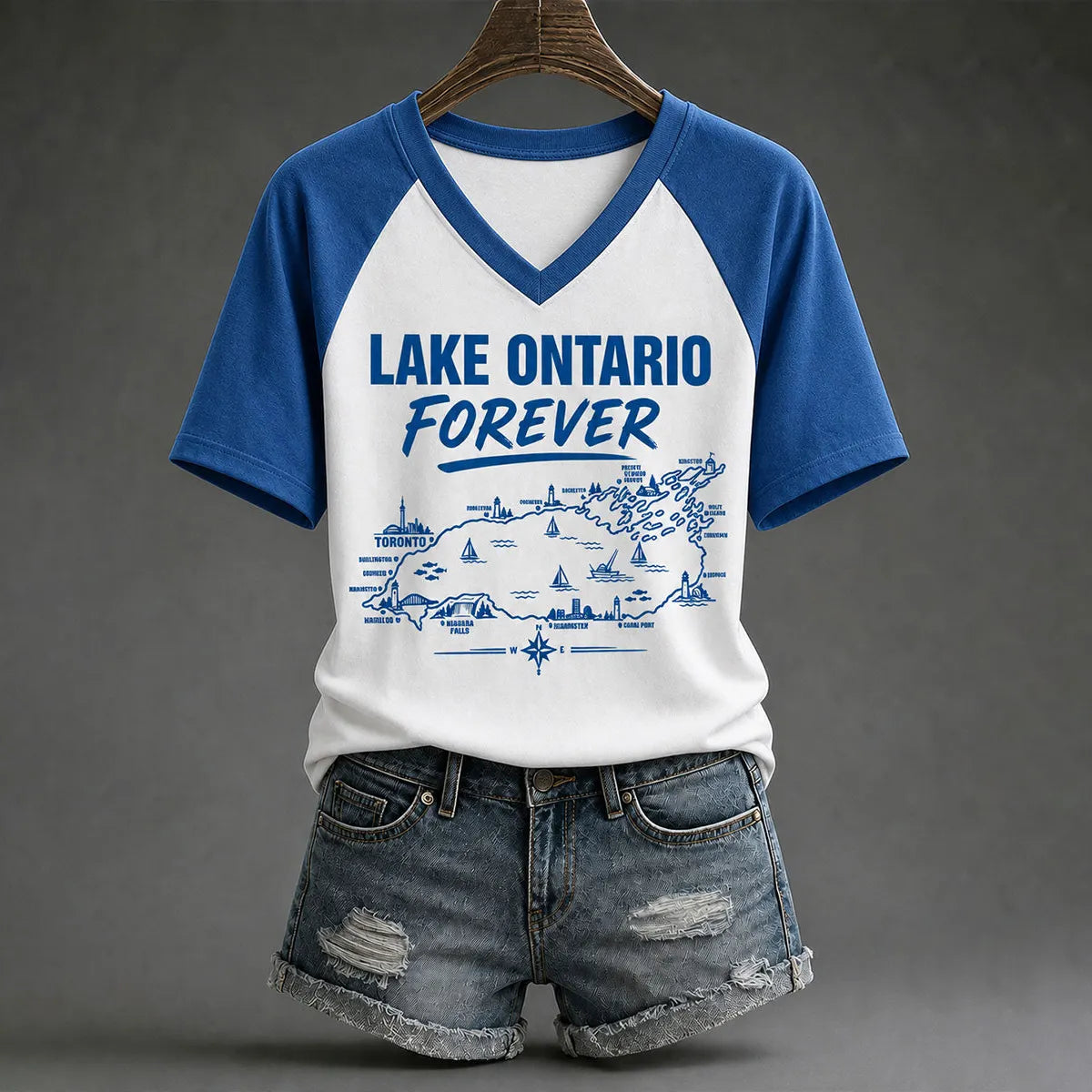 Women's Lake Ontario Forever Print V Neck T-shirt