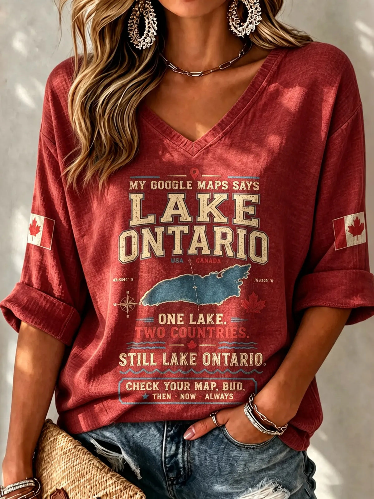 Women's Retro Lake Ontario Lake Print V-neck T-shirt