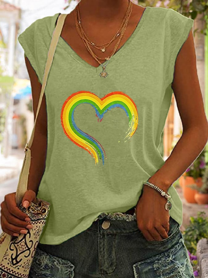 Rainbow Heart Print Casual T-Shirt