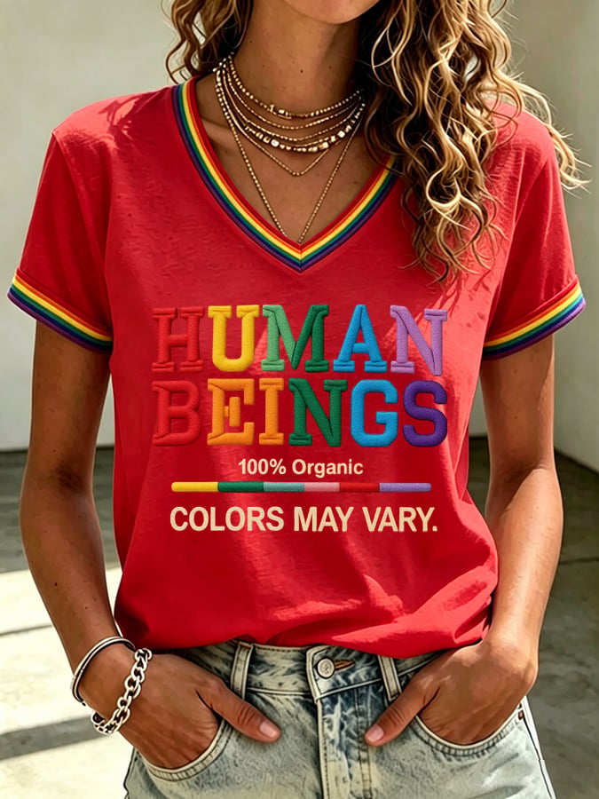 Women's Human Beings Colors May Vary Print V Neck T-shirt