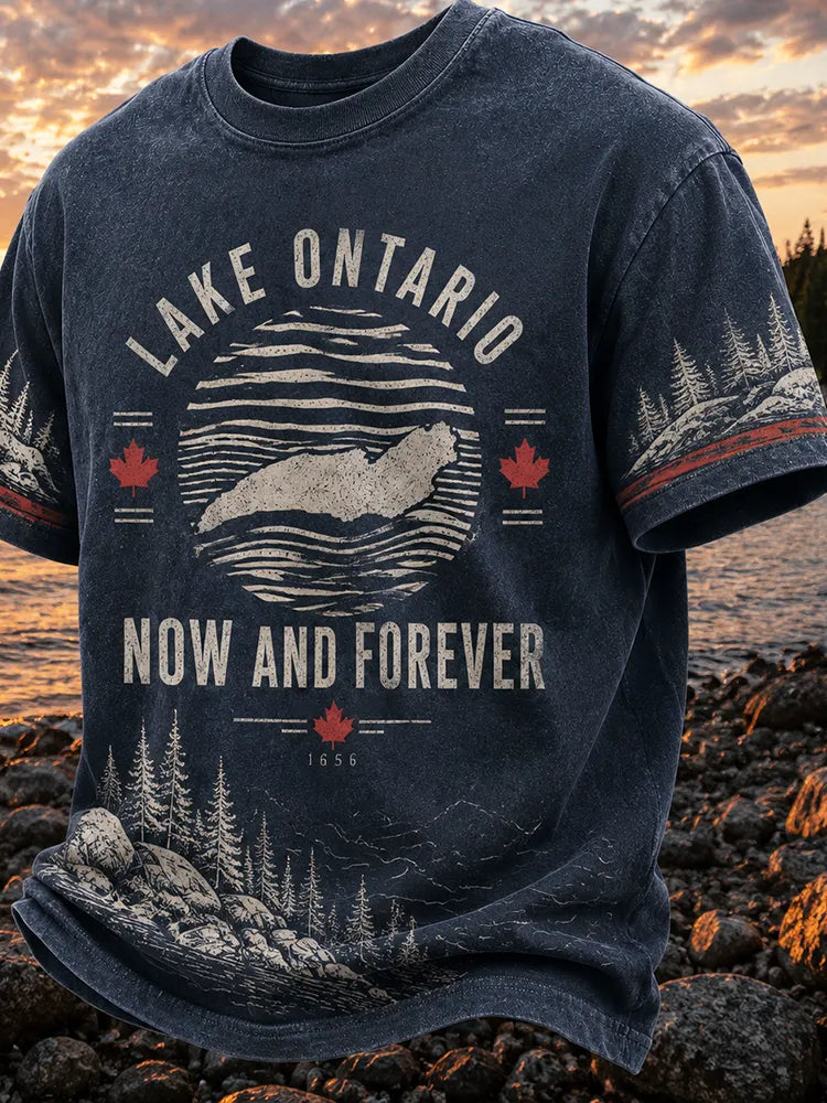 Men's Casual Short-sleeve T-shirt - Lake Ontario Map, Maple Leaf & Pine Forest Print