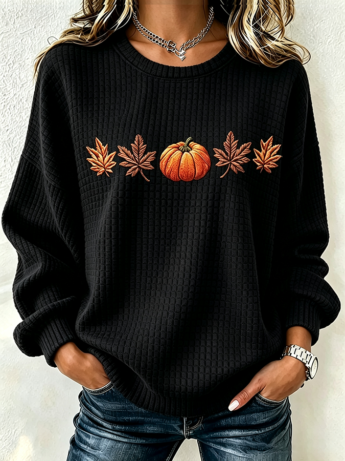 Women's Pumpkin Print Crew Neck Check Sweatshirt