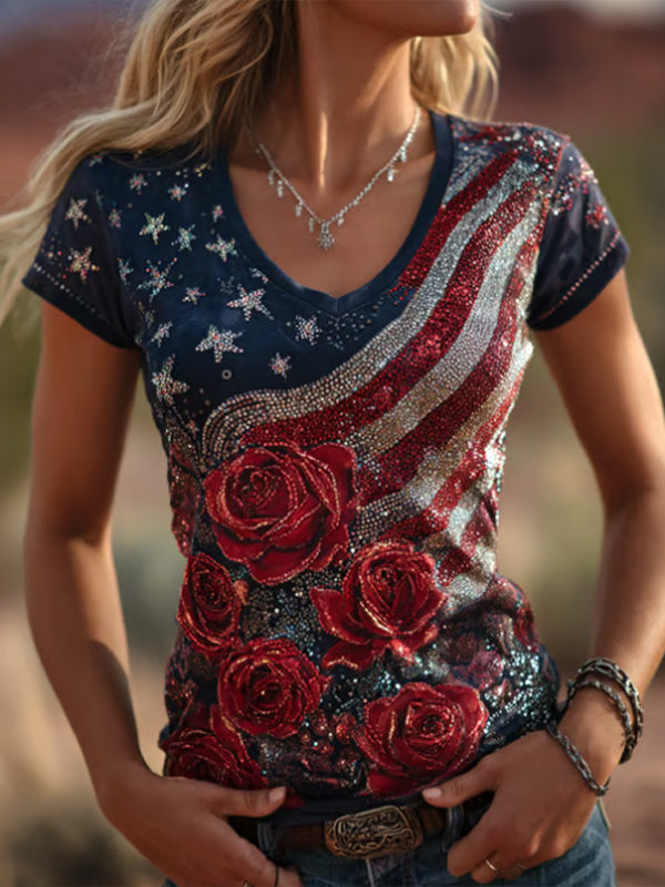 Women's American Flag Vintage Floral Print V Neck T-Shirt