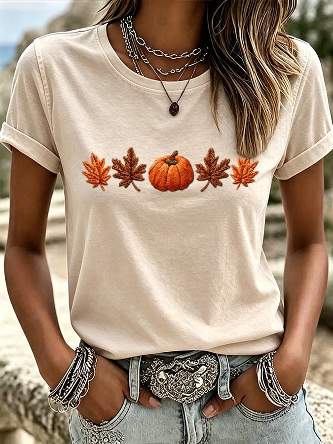 Women's Pumpkin Maple Leaf Print Crew Neck T-Shirt