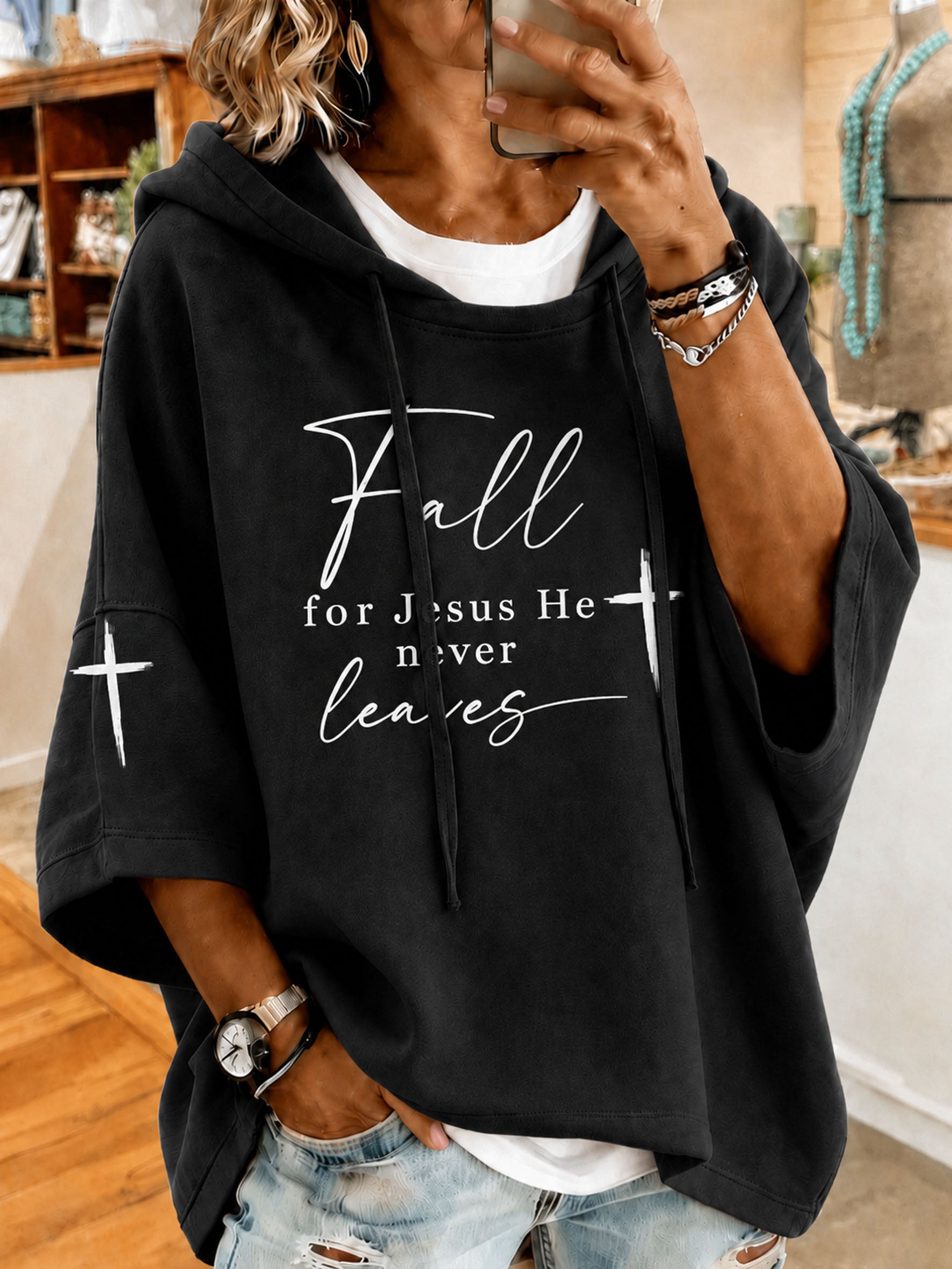 Women's Fall For Jesus He Never Leaves Printed Casual Hoodie