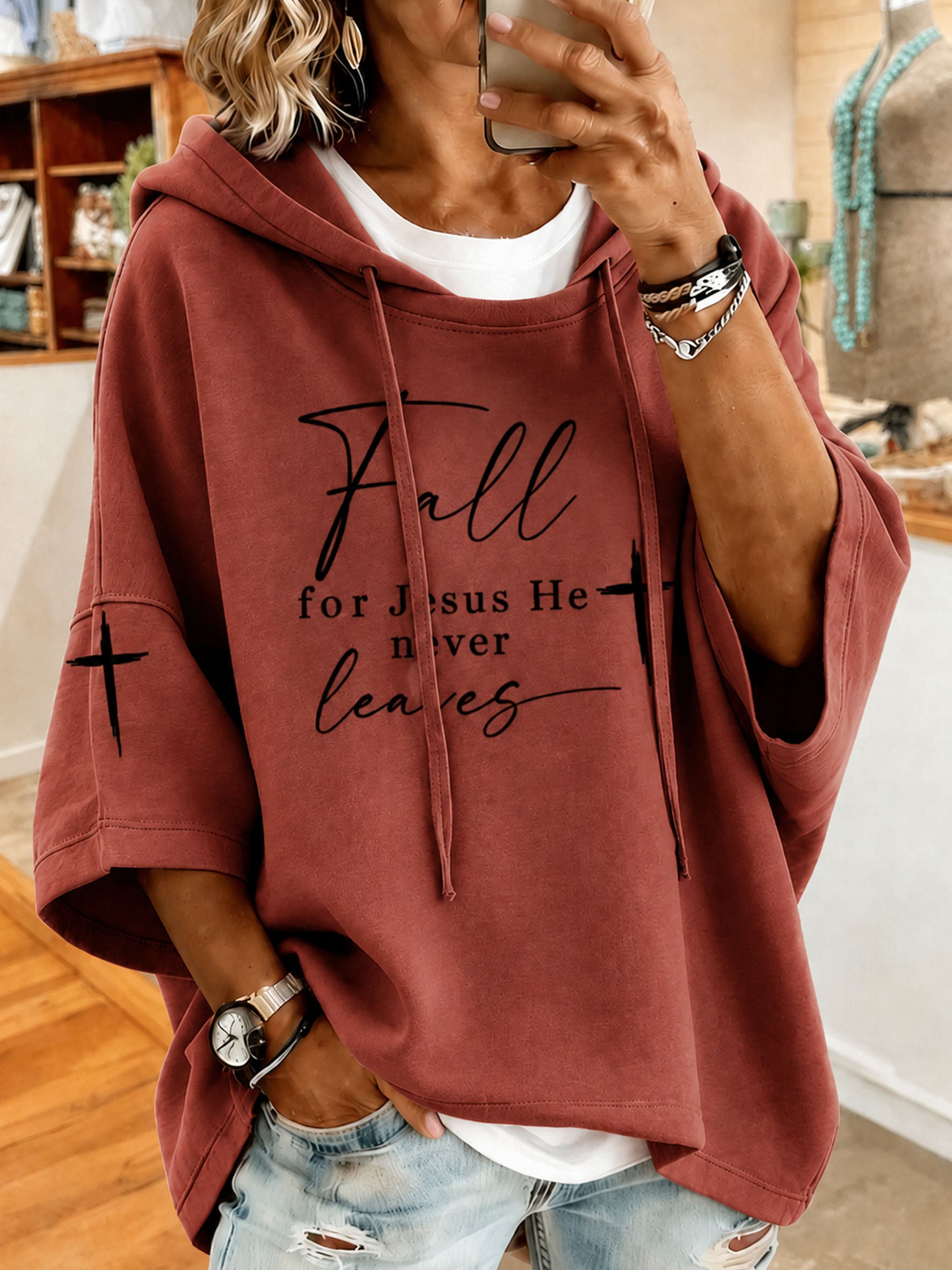 Women's Fall For Jesus He Never Leaves Printed Casual Hoodie