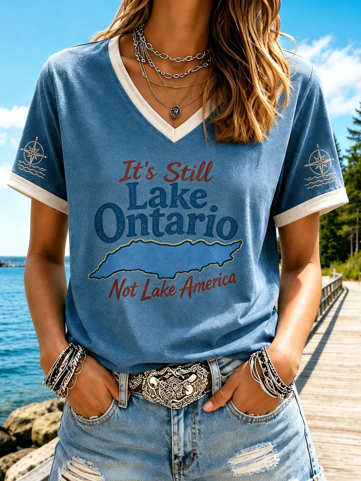Women's “ It's Still Lake Ontario Not Lake America”printed V-neck T-shirt