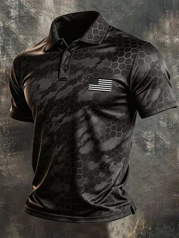 Men's USA Flag Camo Geometric Pattern Short Sleeve Polo Shirt
