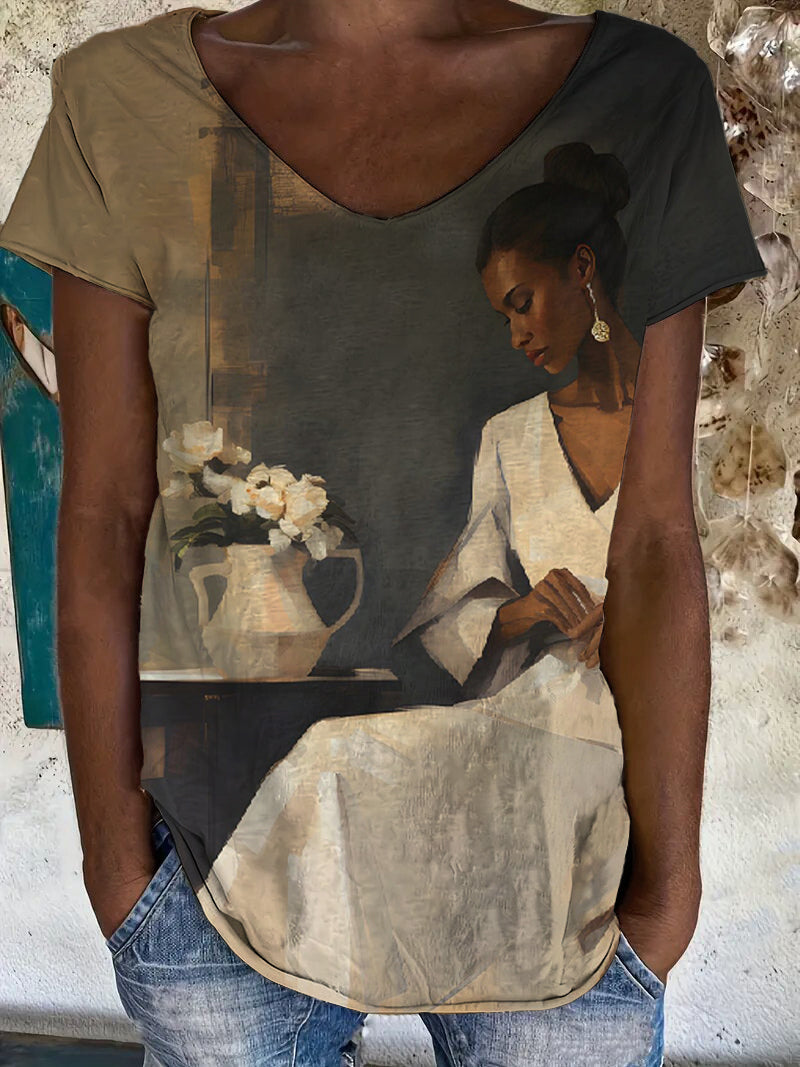 Women's Black Woman Oil Painting Art Print Juneteenth Casual T-Shirt