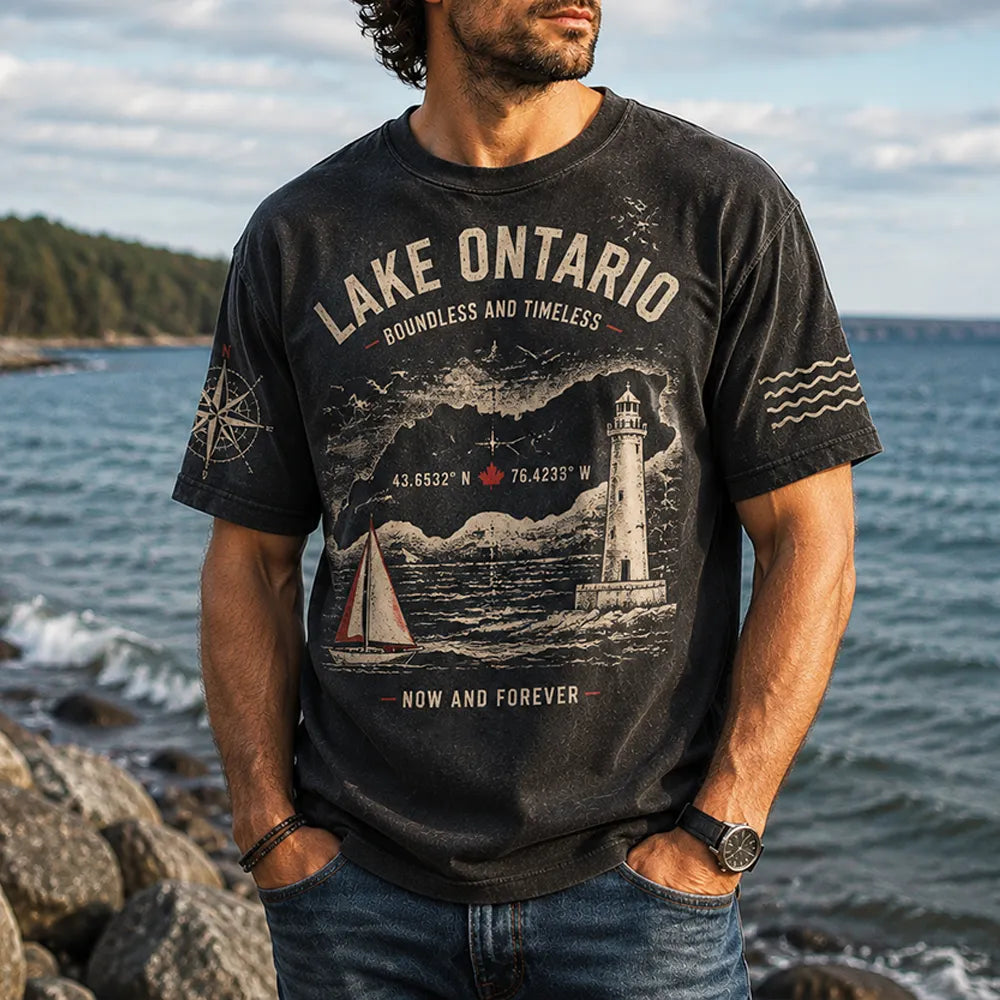 Men's Casual Crewneck T-shirt - Lake Ontario, Lighthouse, Sailboat & Coordinates Print