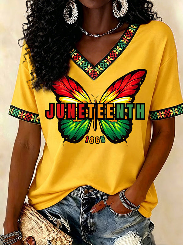 Women's Free Butterfly Juneteenth Print Casual V Neck T-Shirt