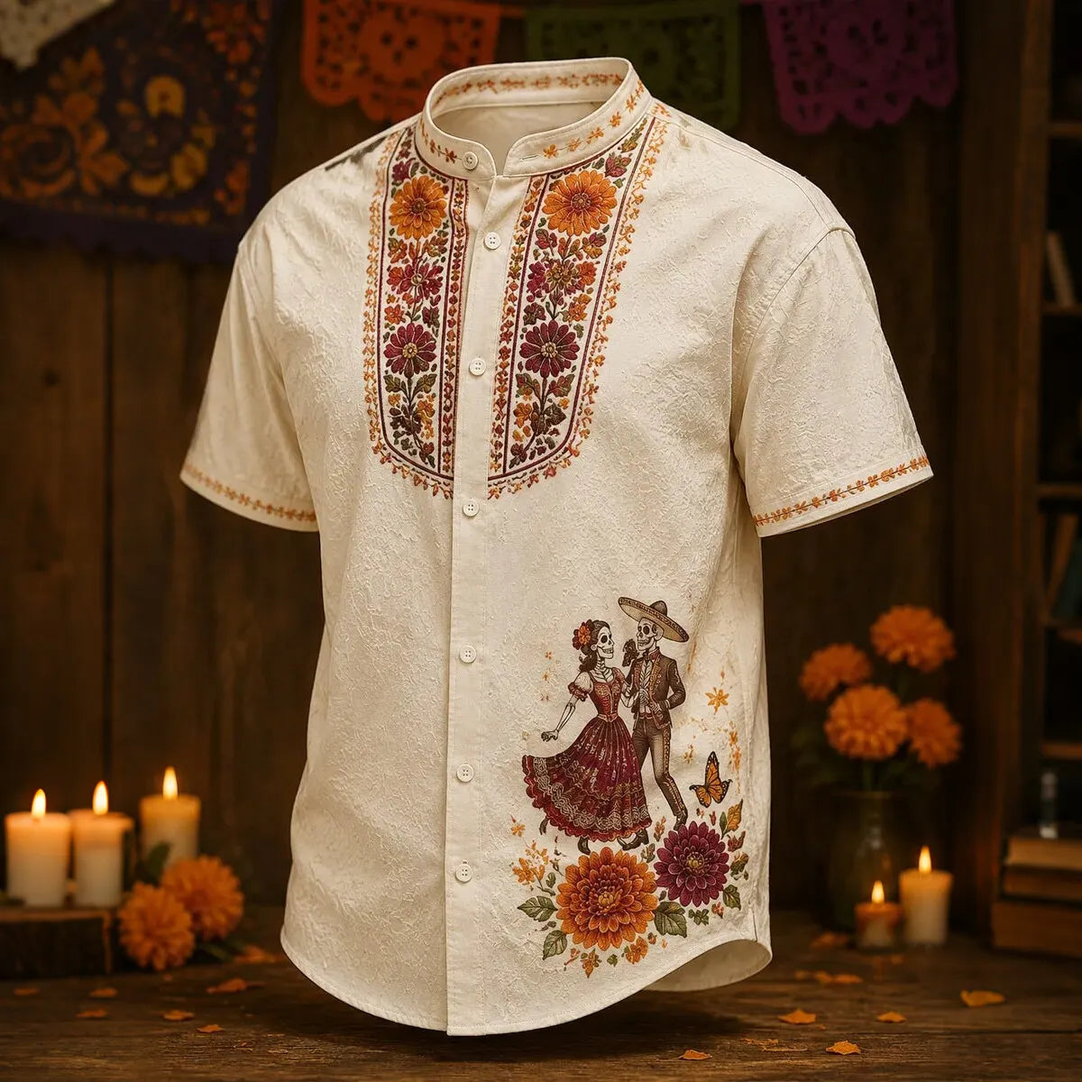 Men's Dancing Skeleton Couple And Marigolds Day of the Dead Print Stand Collar Short Sleeve Shirt