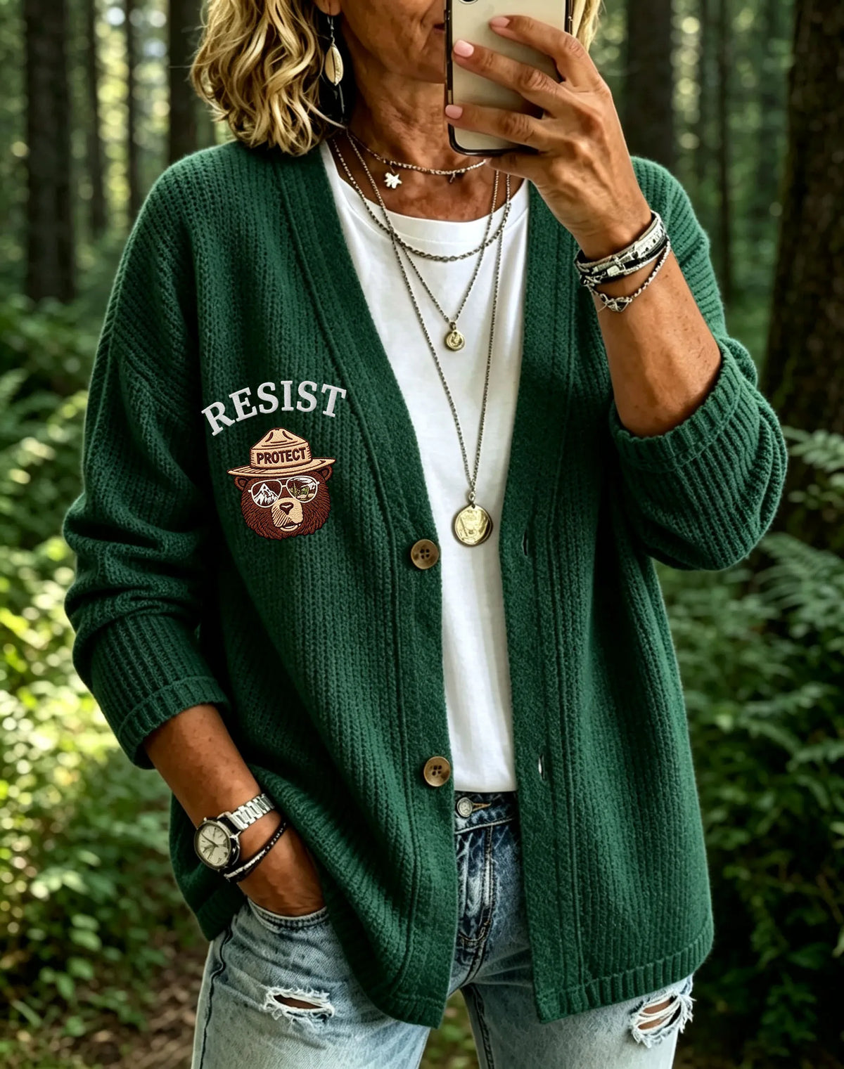 Women's Retro Protect Our Forest Print Casual Cardigan
