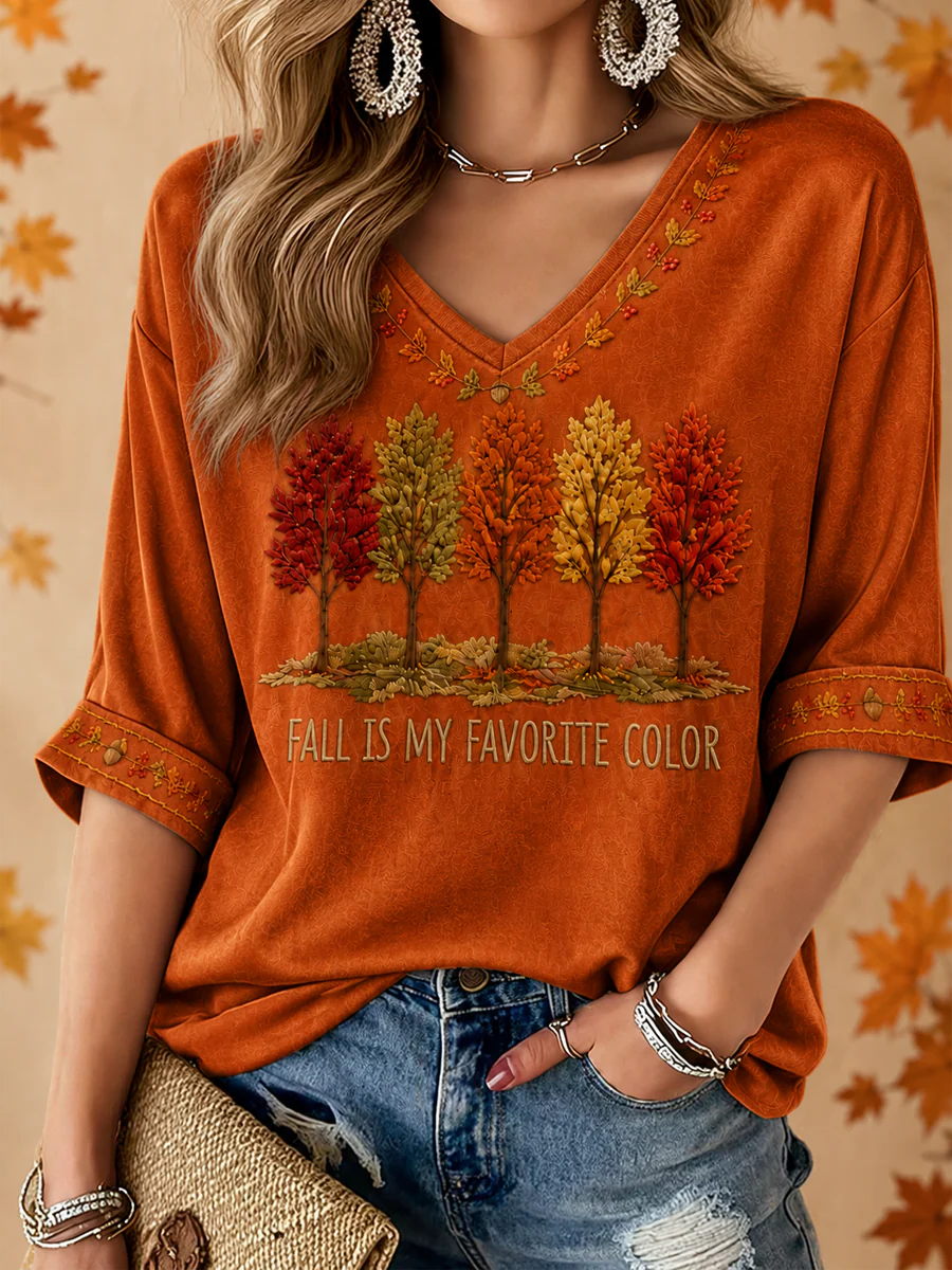Women'S Autumn Is My Favorite Color Printed Mid Sleeved V-Neck T-Shirt