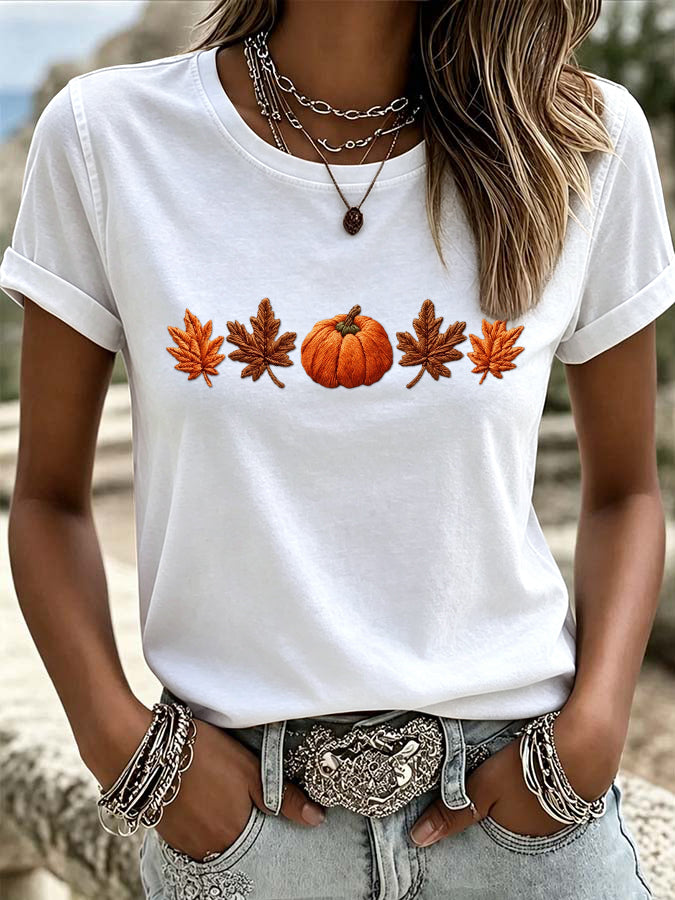 Women's Pumpkin Maple Leaf Print Crew Neck T-Shirt