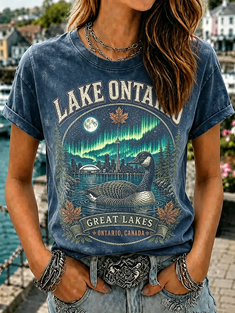 Women's Retro Lake Ontario Landscape Print T-shirt