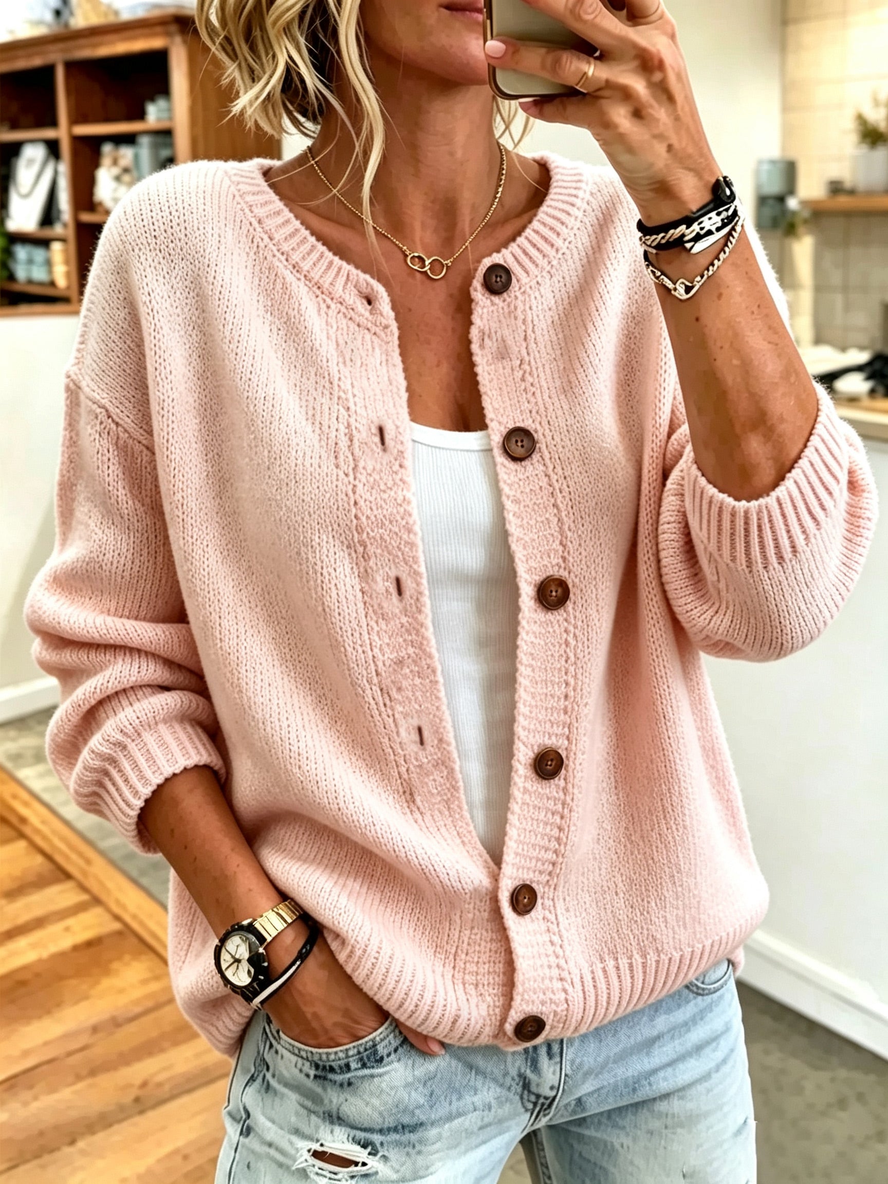 Ladies' Casual Solid Color Knitted Cardigan Top