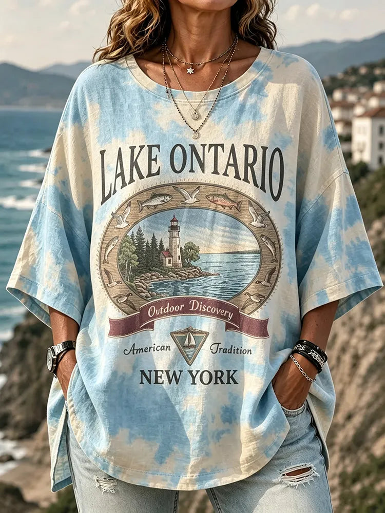 Women's Retro Lake Ontario Landscape Tie-dye Print Crew Neck T-shirt