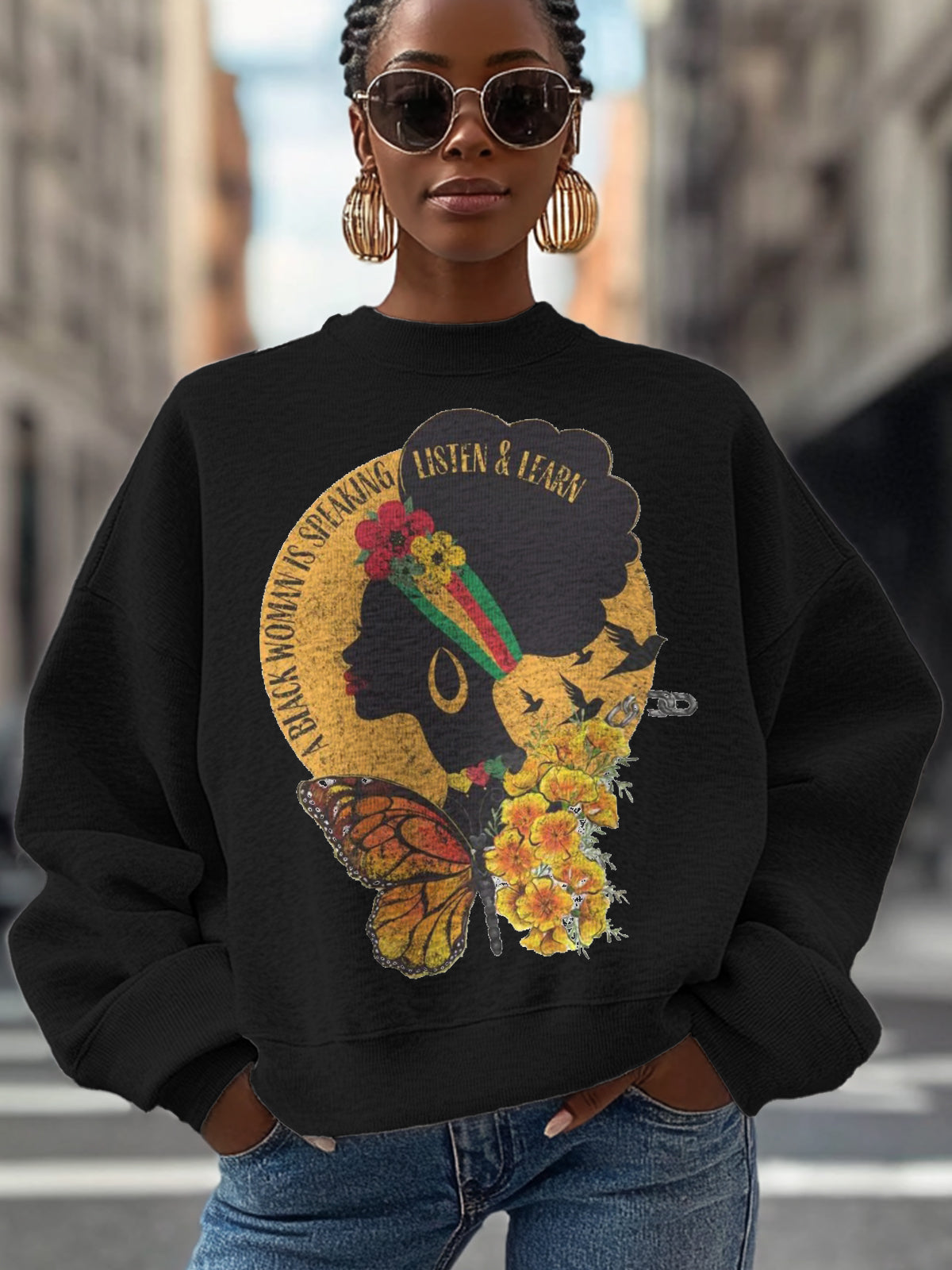 Women's Black Woman Speaking Black History Month Juneteenth Print Cotton Long Sleeve T-Shirt Thin Sweatshirt