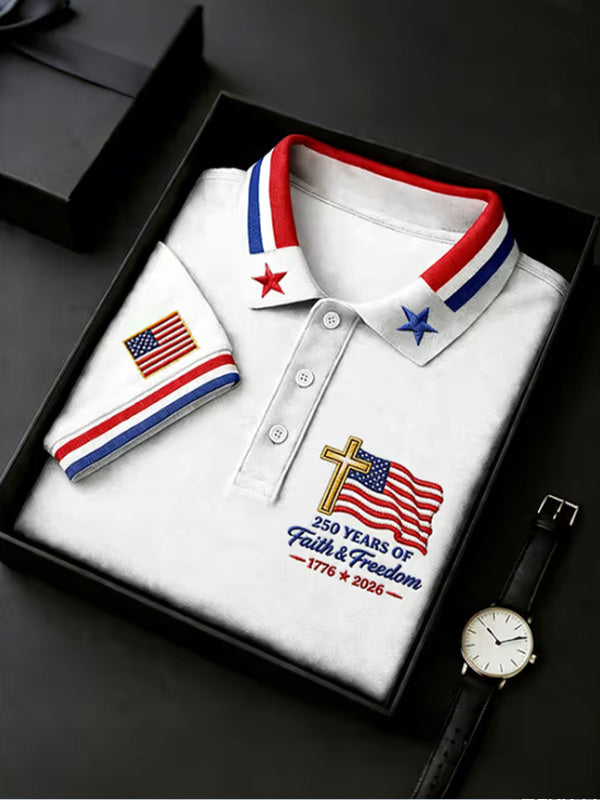 Men's 250 Years Of Faith And Freedom Flag Printed Short Sleeve Polo Shirt