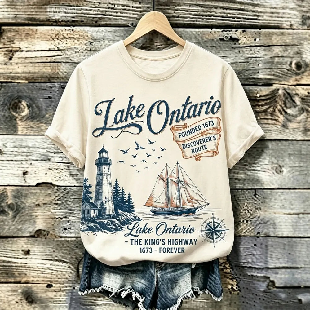 Women's Retro Cream T-shirt - Lake Ontario Sailing & Lighthouse