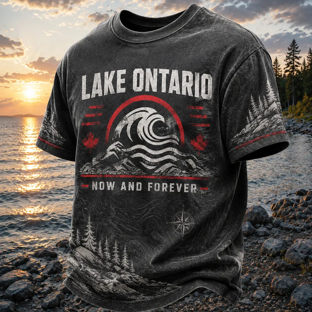Men's Casual Short-sleeve T-shirt - Lake Ontario Ocean Wave, Sunset & Pine Forest Print