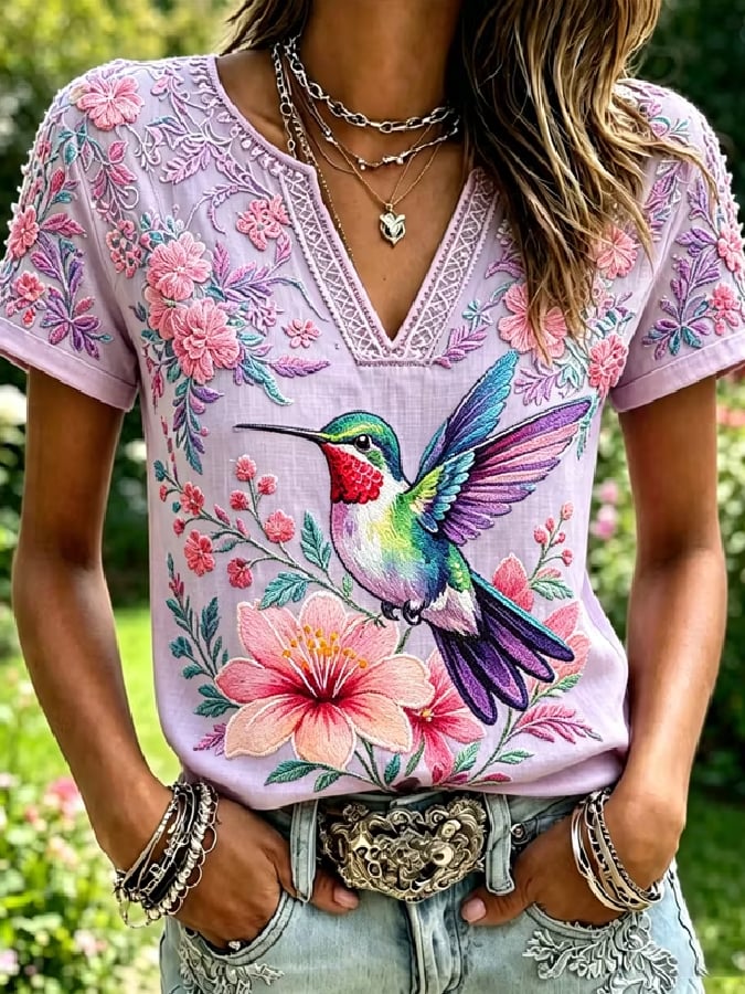 Women's Breast Cancer Awareness Short-Sleeve T-Shirt with Hummingbird Print