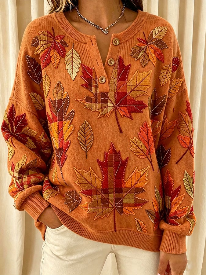 Women's Casual Print Button-Up Collar Knit Top