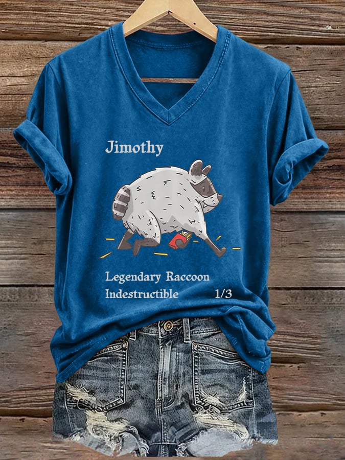 Women's Jimothy Legendary Raccoon Indestructible Print V Neck T-Shirt