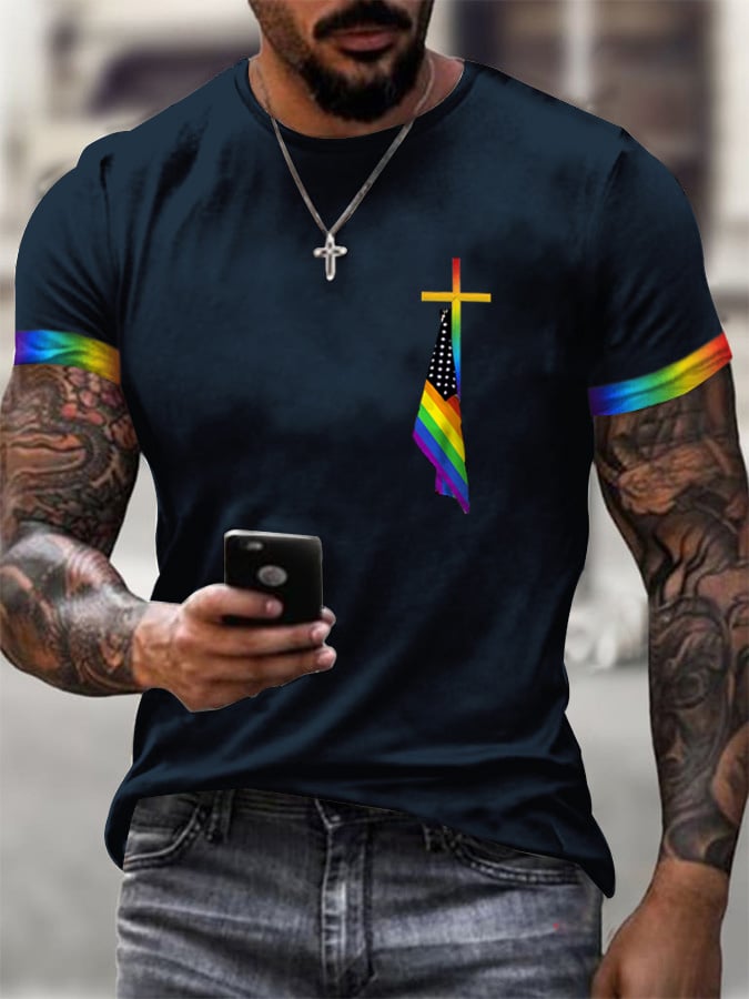 Men's Cross Flag Print Crew Neck T-Shirt