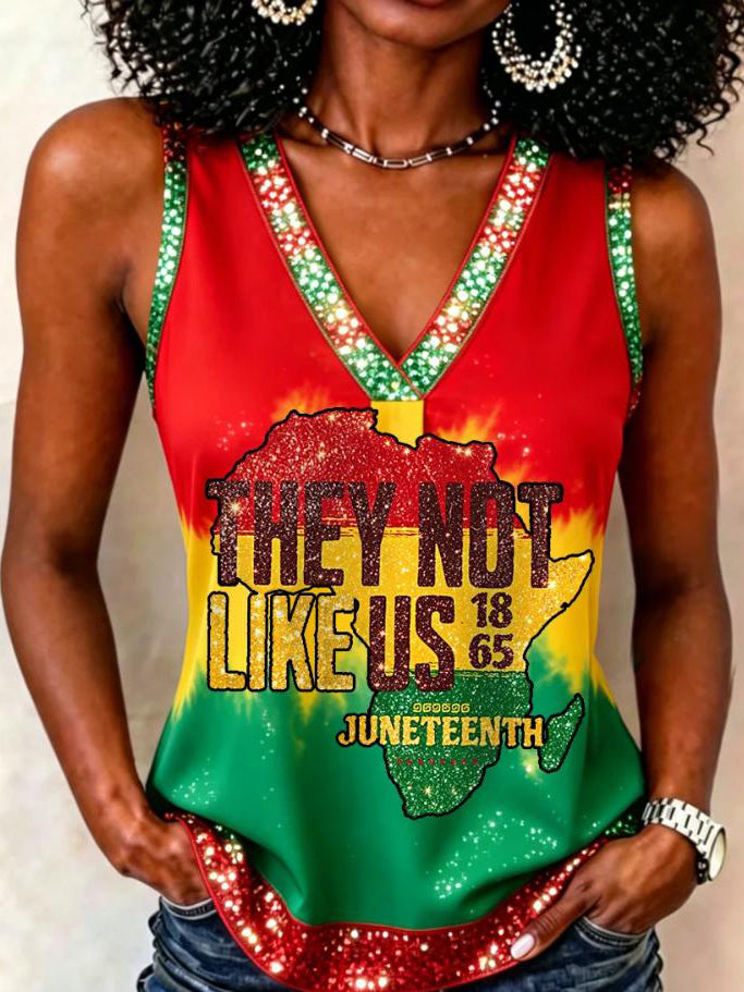Women's They Not Like Us Juneteenth Print Casual V Neck Tank Top