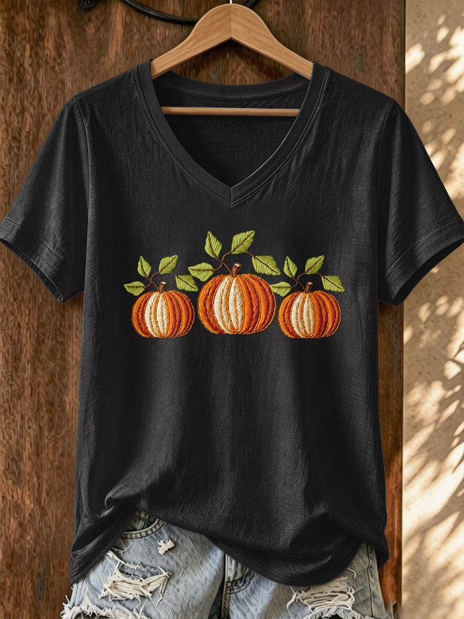 Women's Pumpkin Print V-Neck T-Shirt