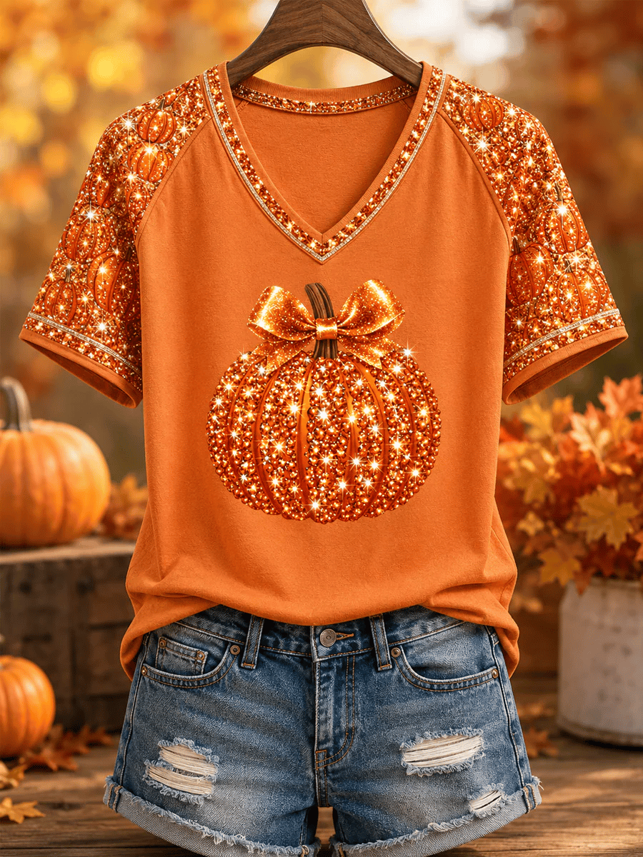Women's Fall Season Pumpkin Print Casual V-Neck Tee