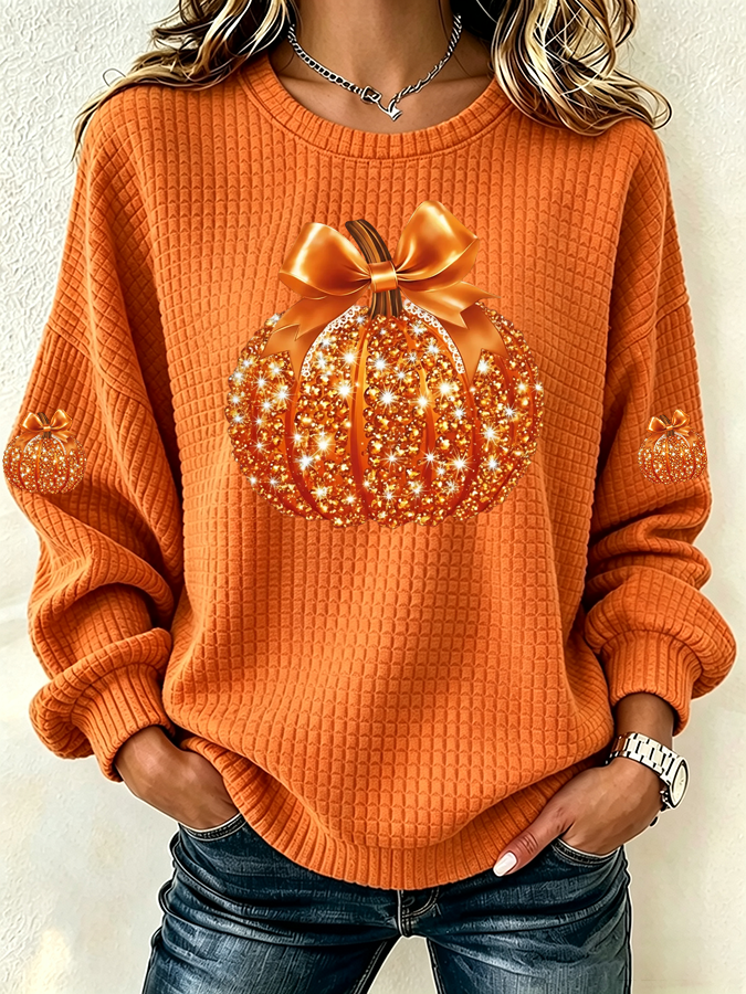 Women's Pumpkin Print Crew Neck Check Sweatshirt