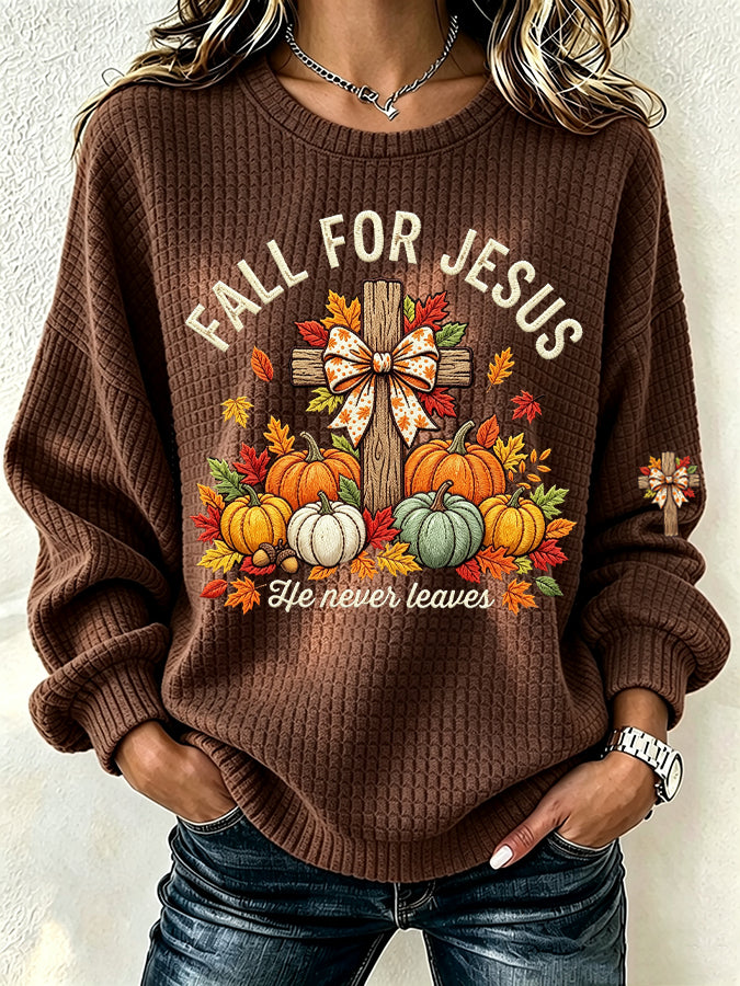 Women's Fall for Jesus Print Crew Neck Check Sweatshirt