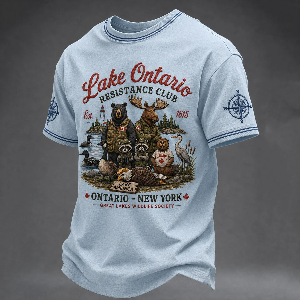 Men's Retro Lake Ontario Resistance Club Print Crew Neck Short Sleeve T-shirt