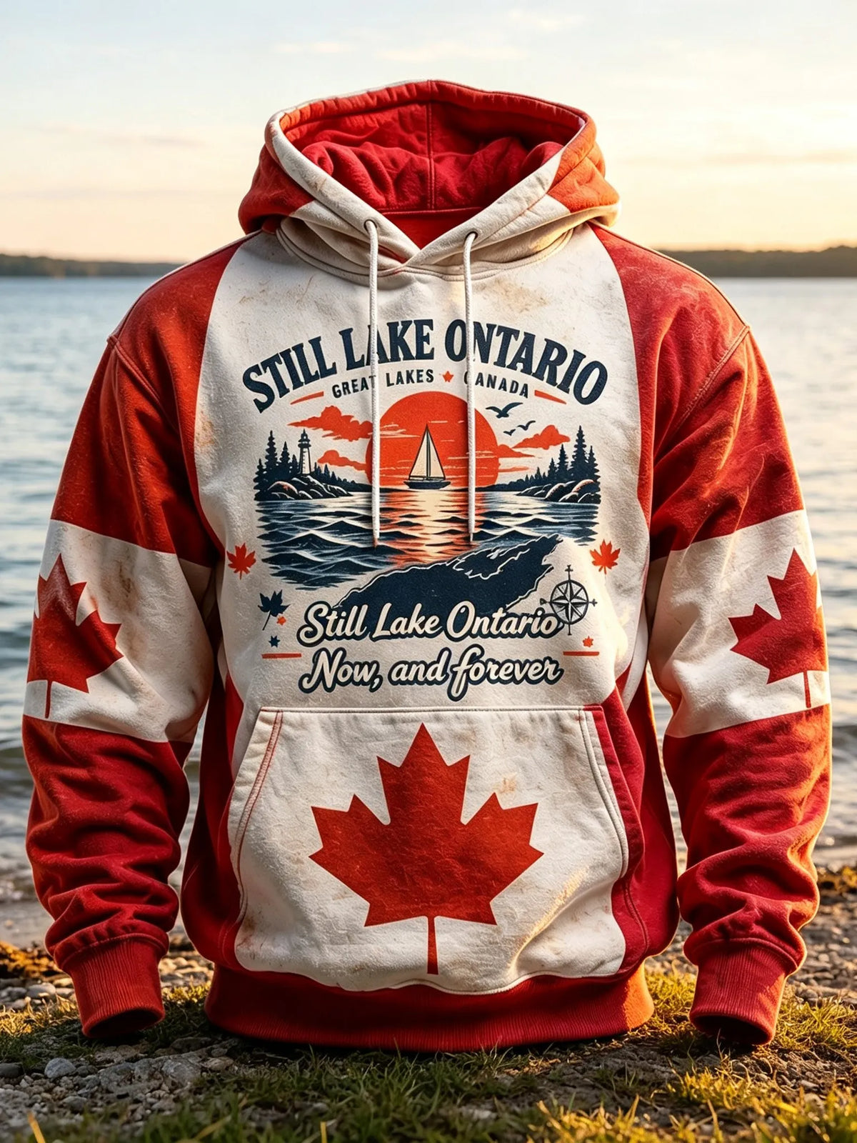Men's Retro Lake Ontario And Maple Leaf Print Hoodie