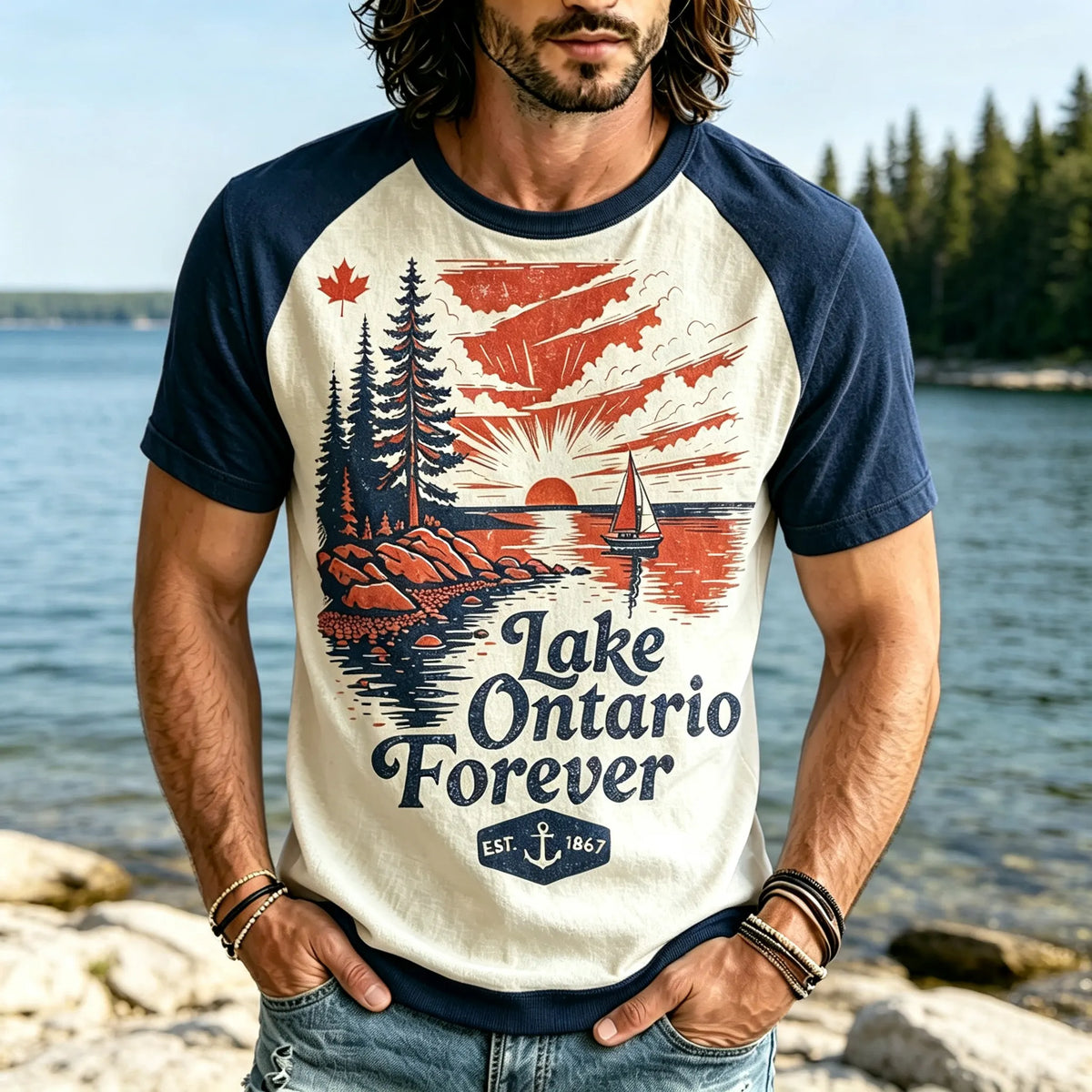 Men's Retro Lake Ontario Print Color Block T-shirt