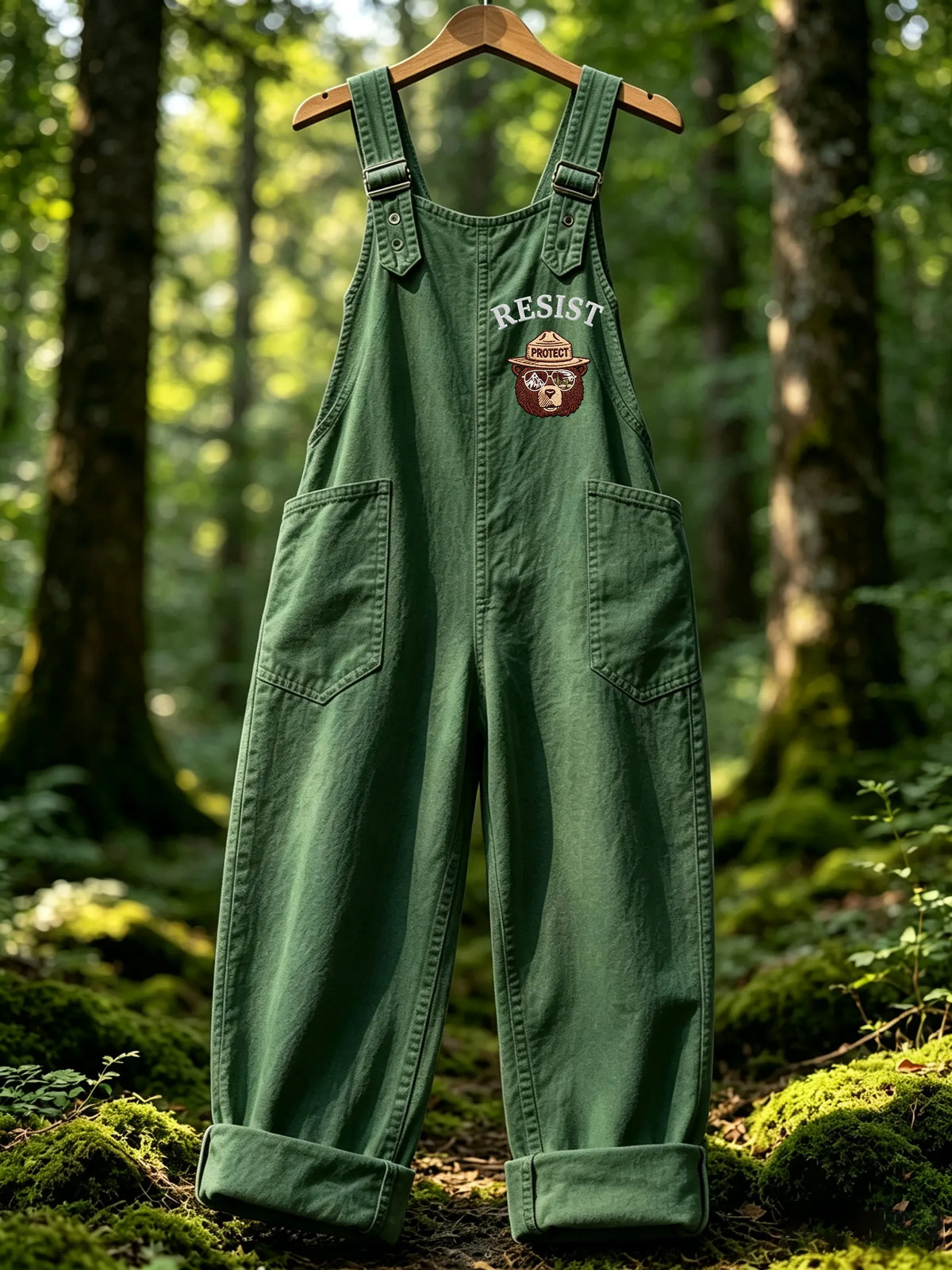Women's Retro Protect Our Forest Print Overalls