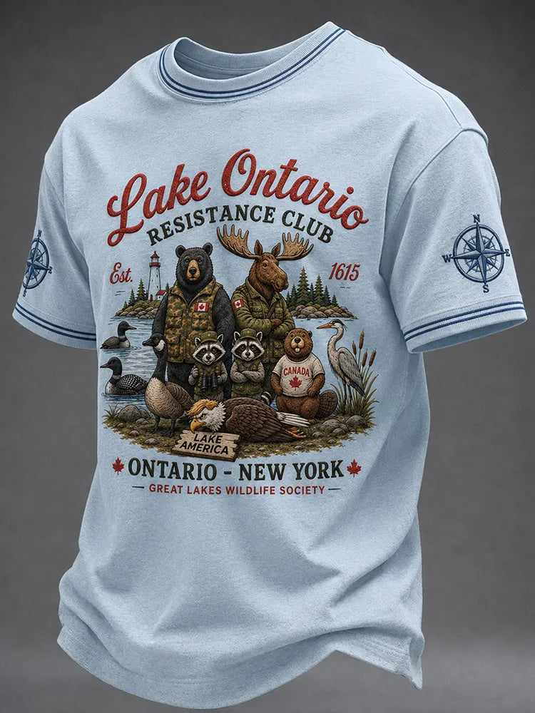 Men's Retro Lake Ontario Resistance Club Print Crew Neck Short Sleeve T-shirt