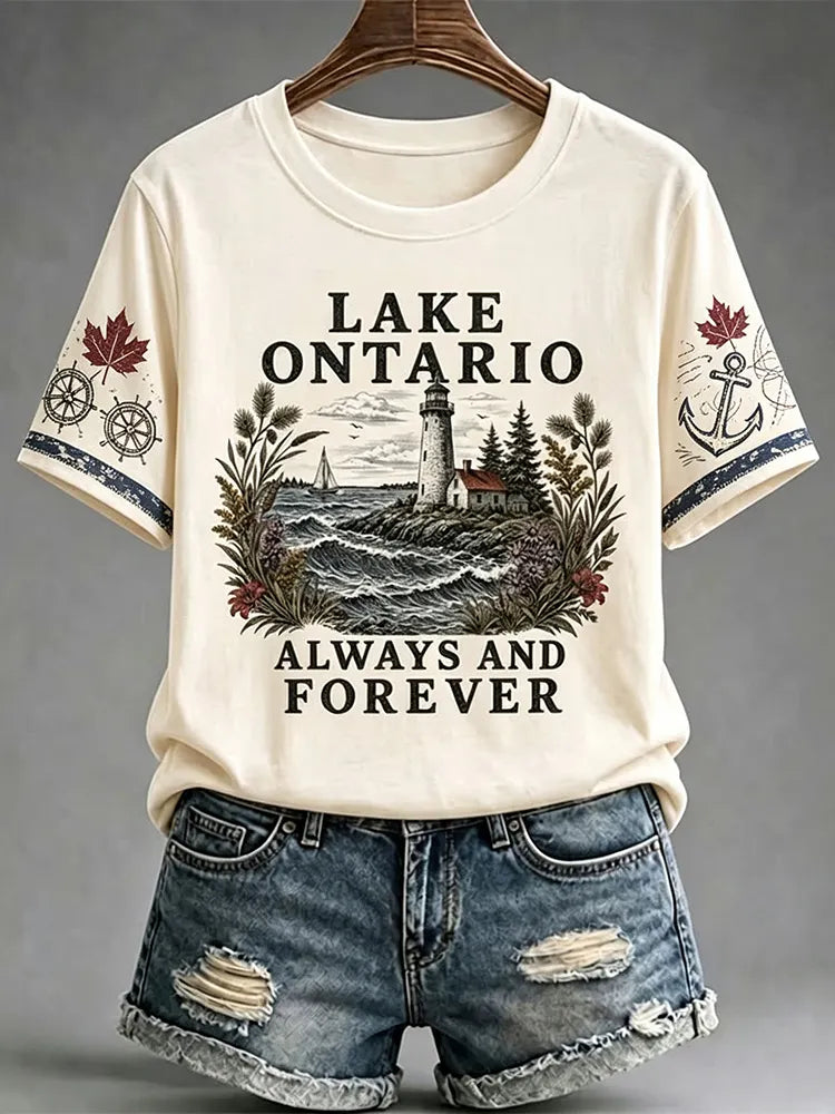 Women's Retro Lake Ontario Always And Forever Print Crew Neck T-shirt